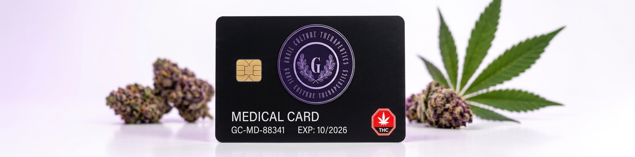 Black medical card with the Grail Culture logo next to a jar of cannabis