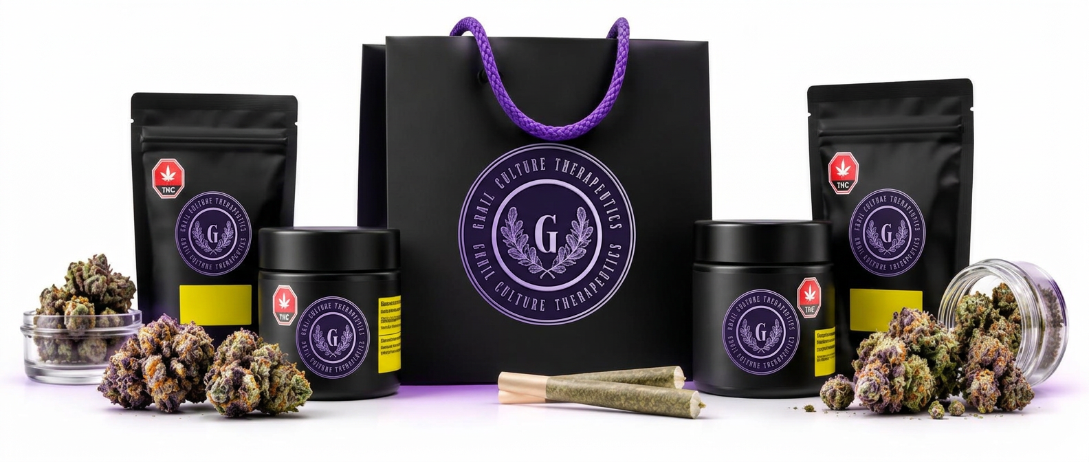 Black Grail Culture shopping bag surrounded by medical cannabis products