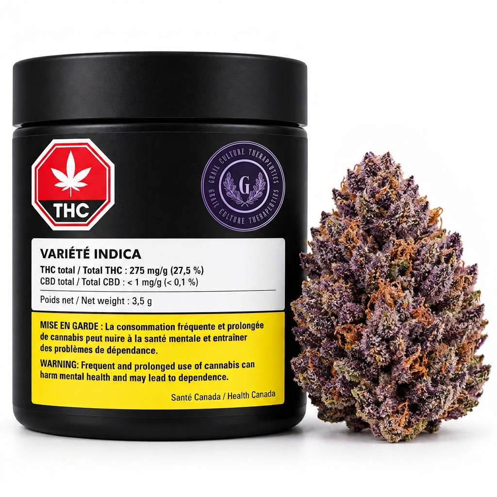 Vivid purple cannabis bud resting on a gold grinder