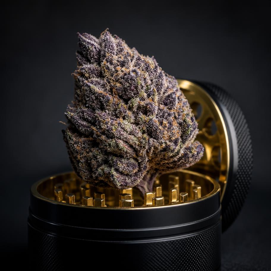 Vivid purple cannabis bud resting on a gold grinder