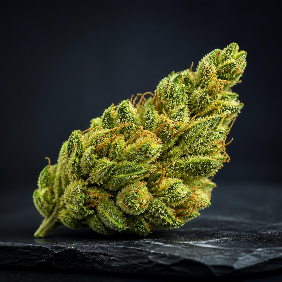 Bright green sativa cannabis bud on dark slate