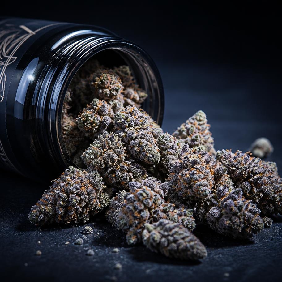 Violet-blue cannabis buds spilling from a black jar