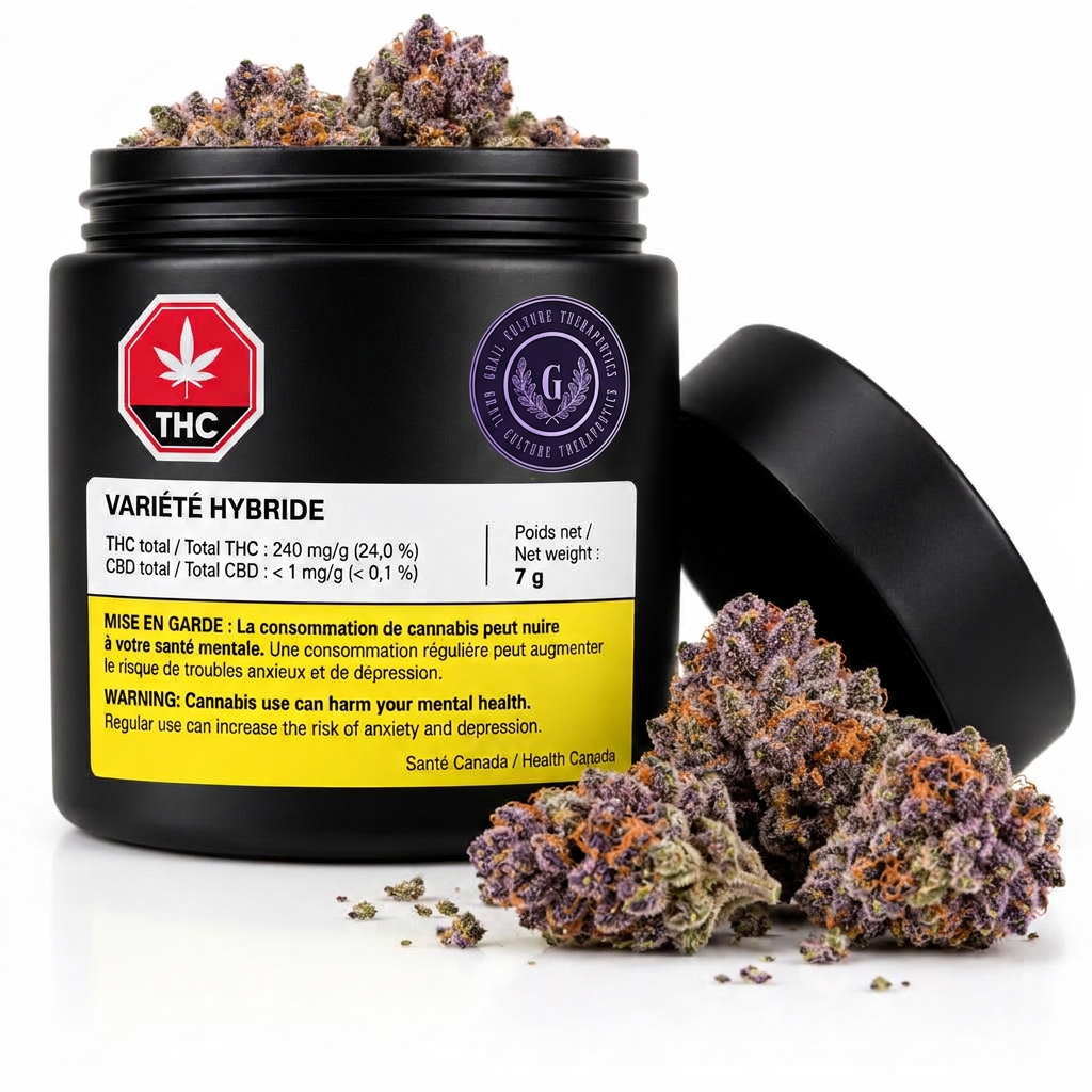 Violet-blue cannabis buds spilling from a black jar
