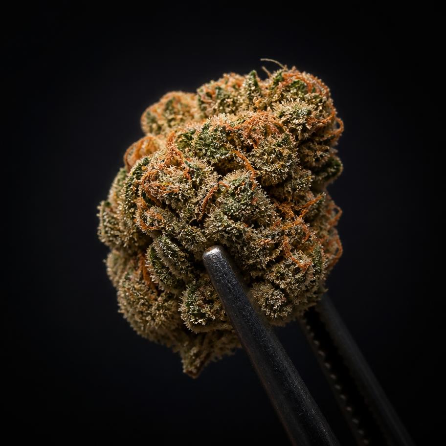 Cannabis bud covered in orange hairs held by tweezers