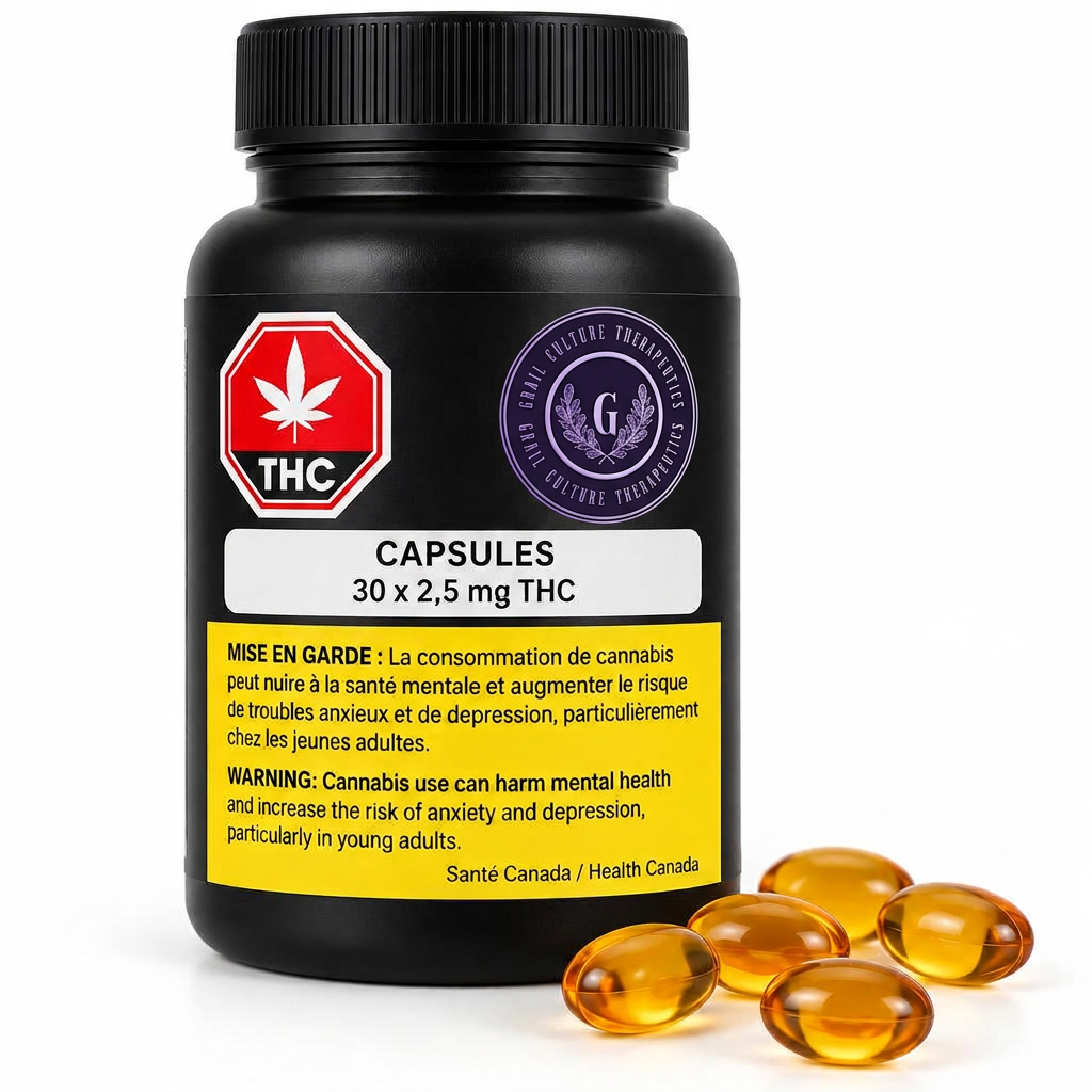 Amber cannabis oil softgel capsules with a black bottle