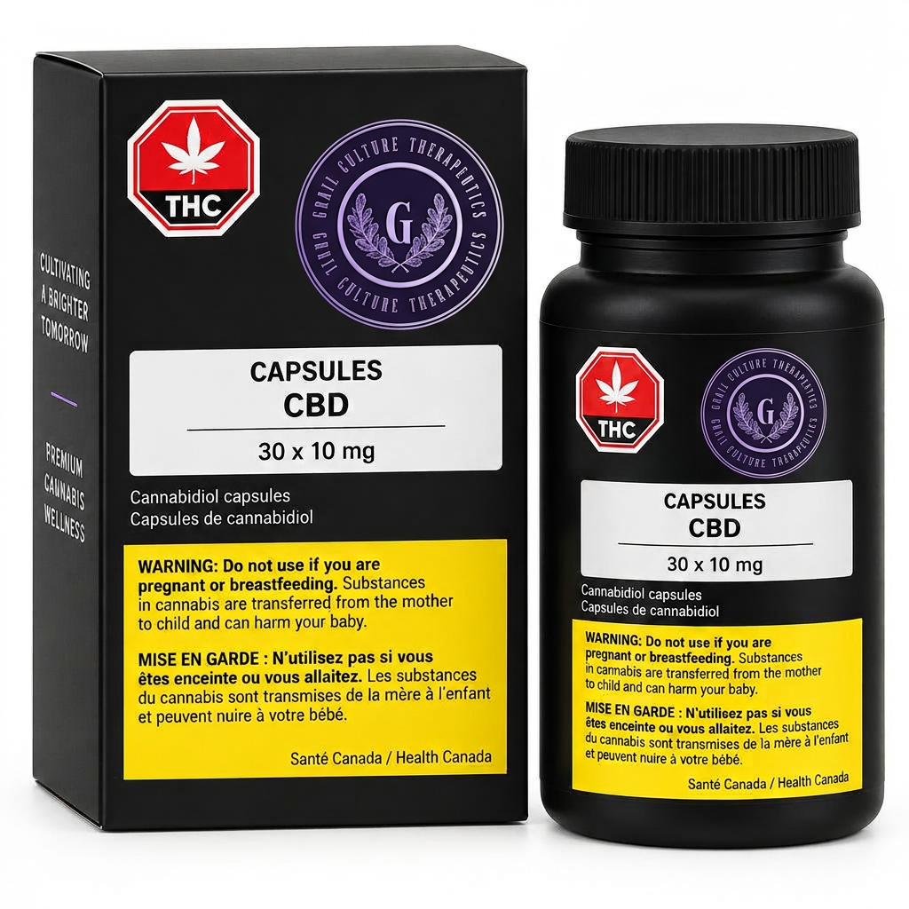 Amber cannabis oil softgel capsules with a black bottle