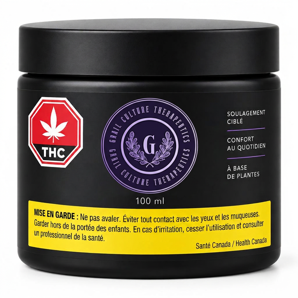 Cannabis topical balm jar with cream texture on dark stone