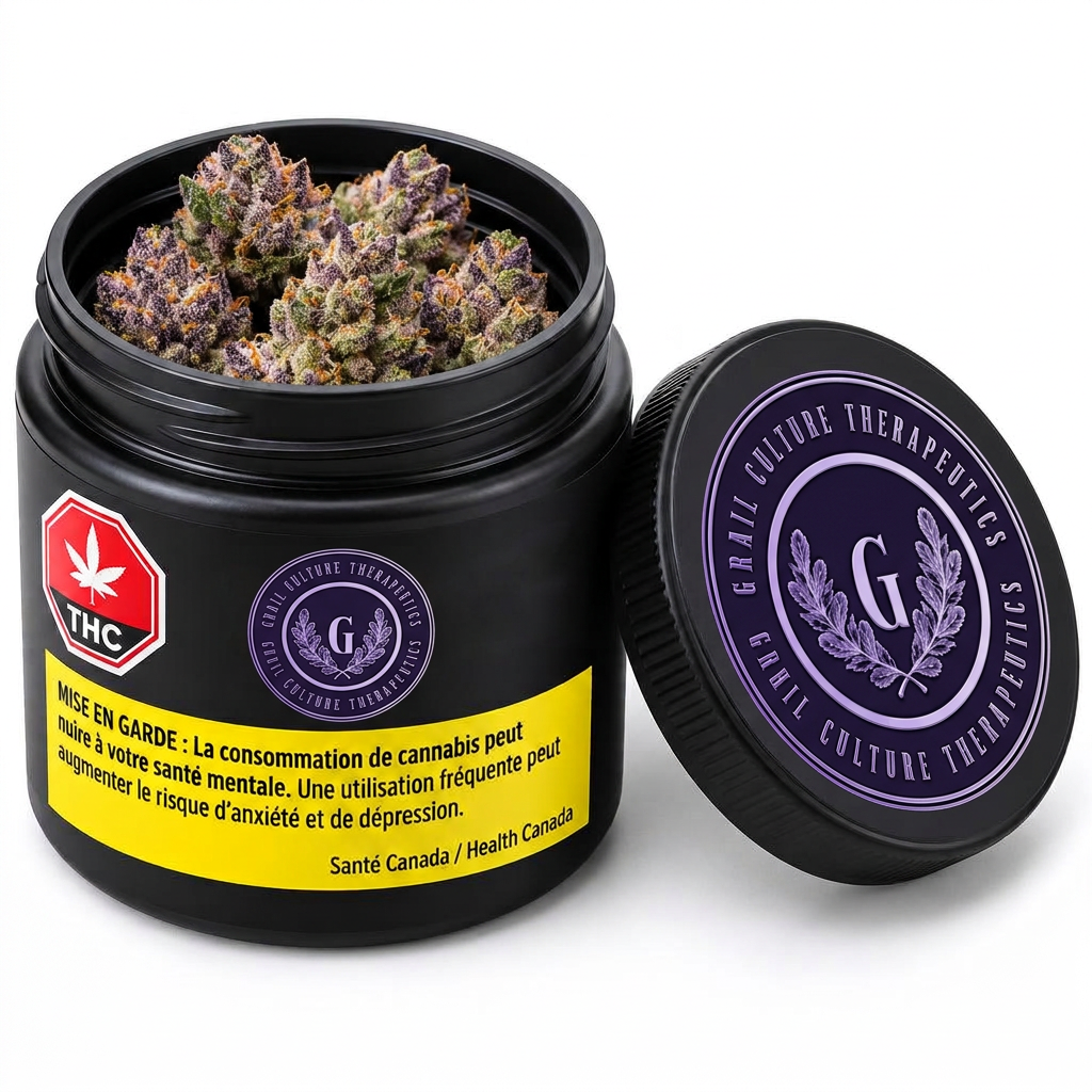 Cured cannabis flower in a black jar