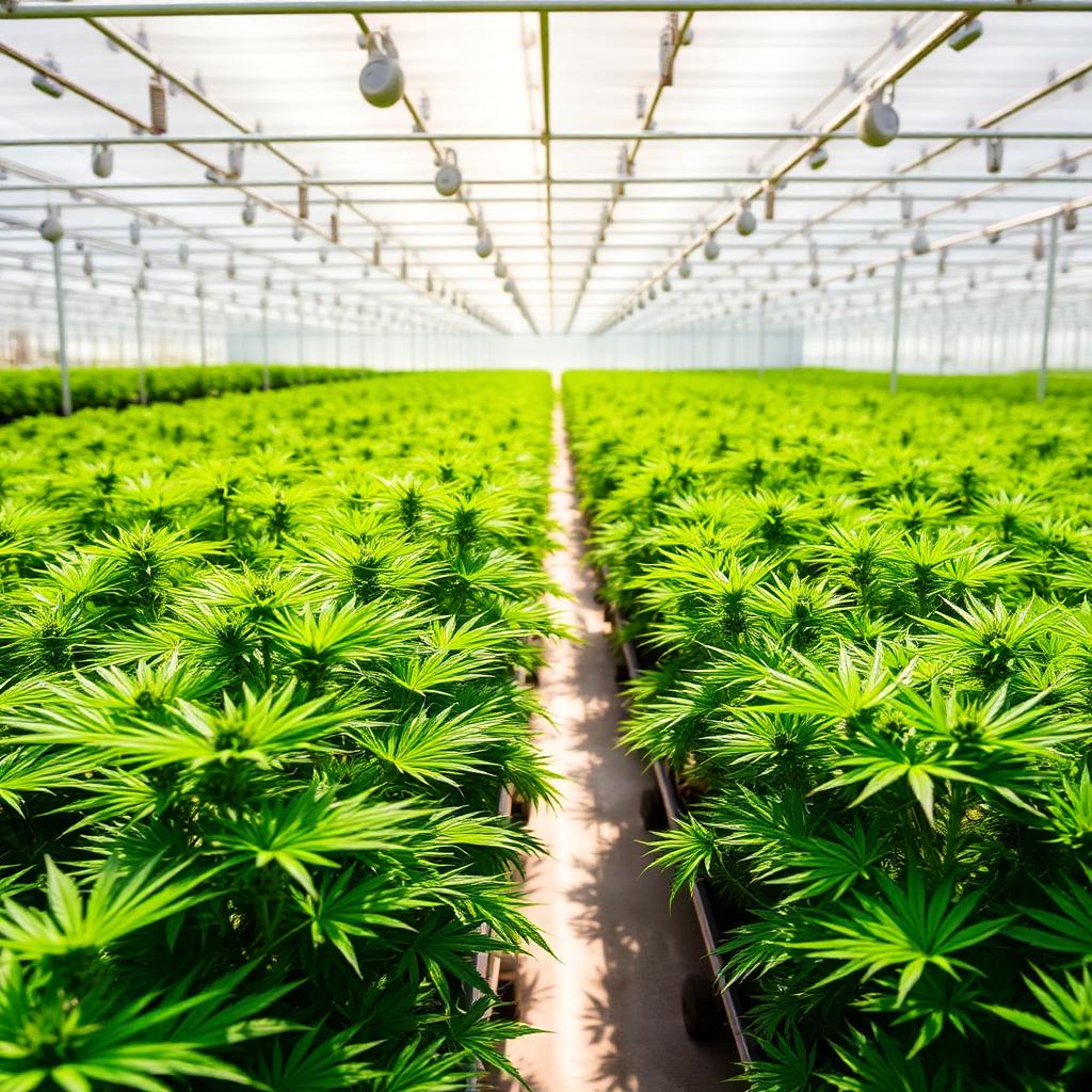Sunlit greenhouse rows of cannabis plants