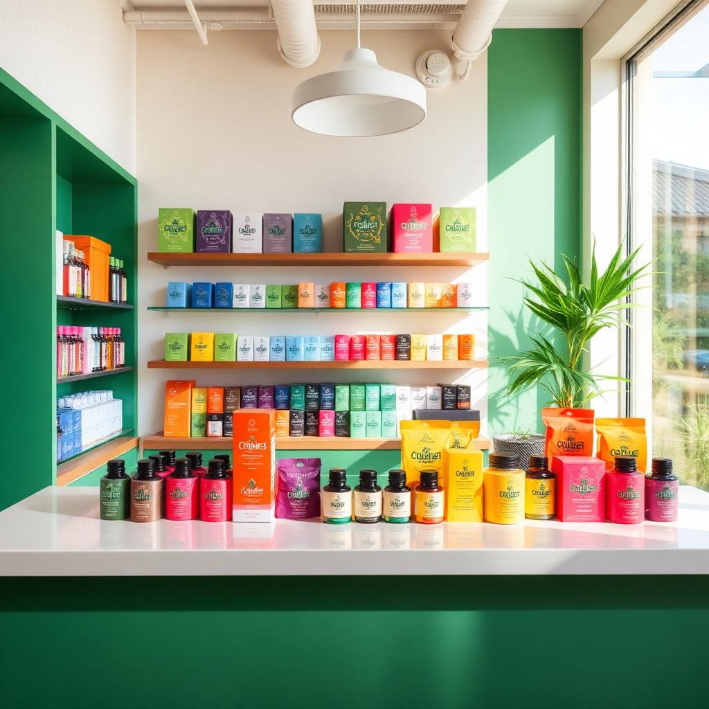Colourful medical cannabis pharmacy counter